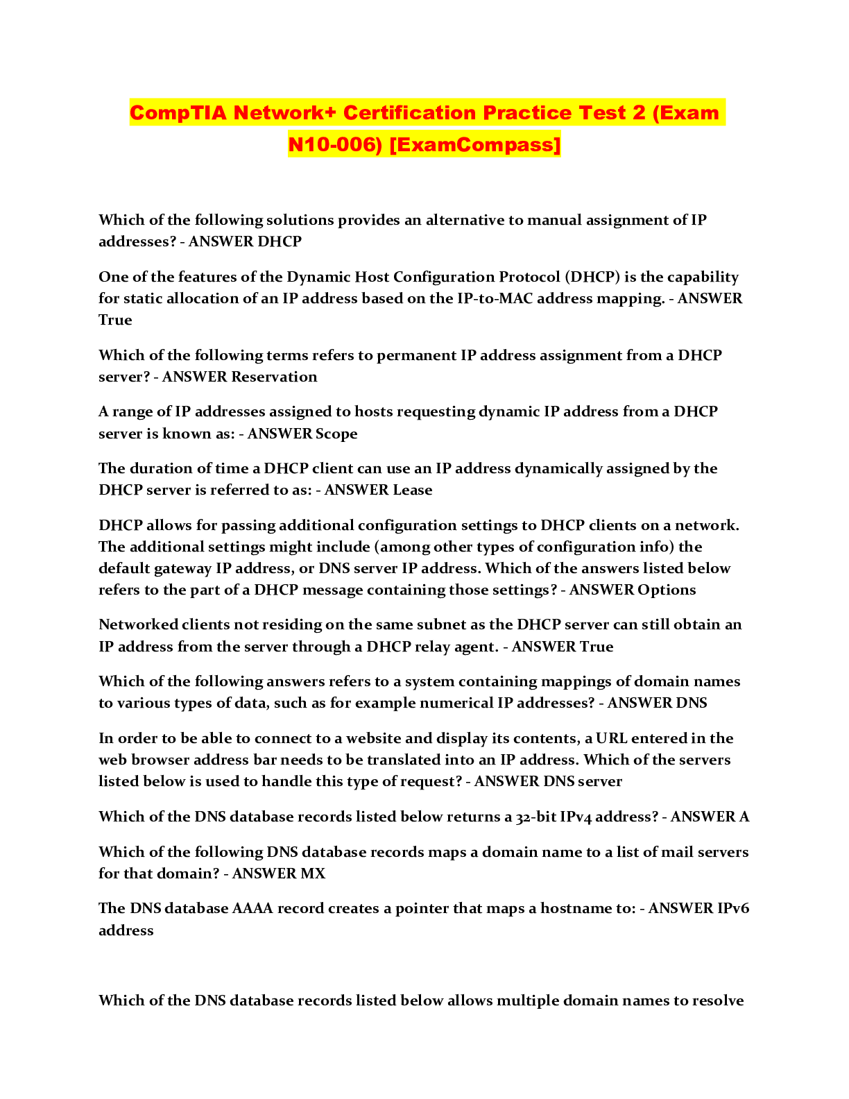 Preview image for CompTIA Network+ Certification Practice Test 2 (Exam N10-006) [ExamCompass]